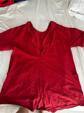 Free People V-Neck Short Sleeve Tunic in Red with Side Pockets